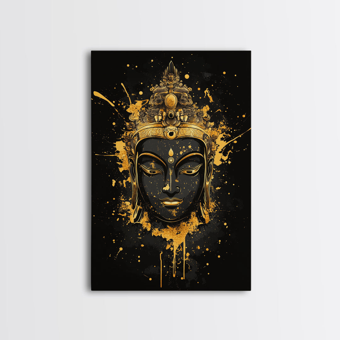 Buddha Head Gold Canvas Print, Sacred Splatter Style Wall Decor, Spiritual Wall Art, Real Wood Frame, Tranquil Home Accent