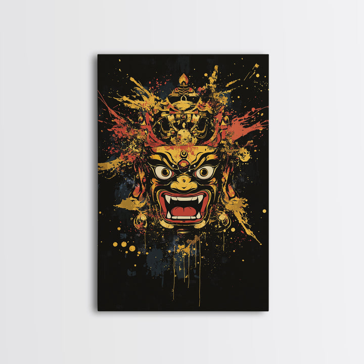 Fierce Mask Gold Canvas Print, Splatter Art Wall Decor, Bold Tribal Mythical Face Art, Real Wood Frame, Statement Home Accent