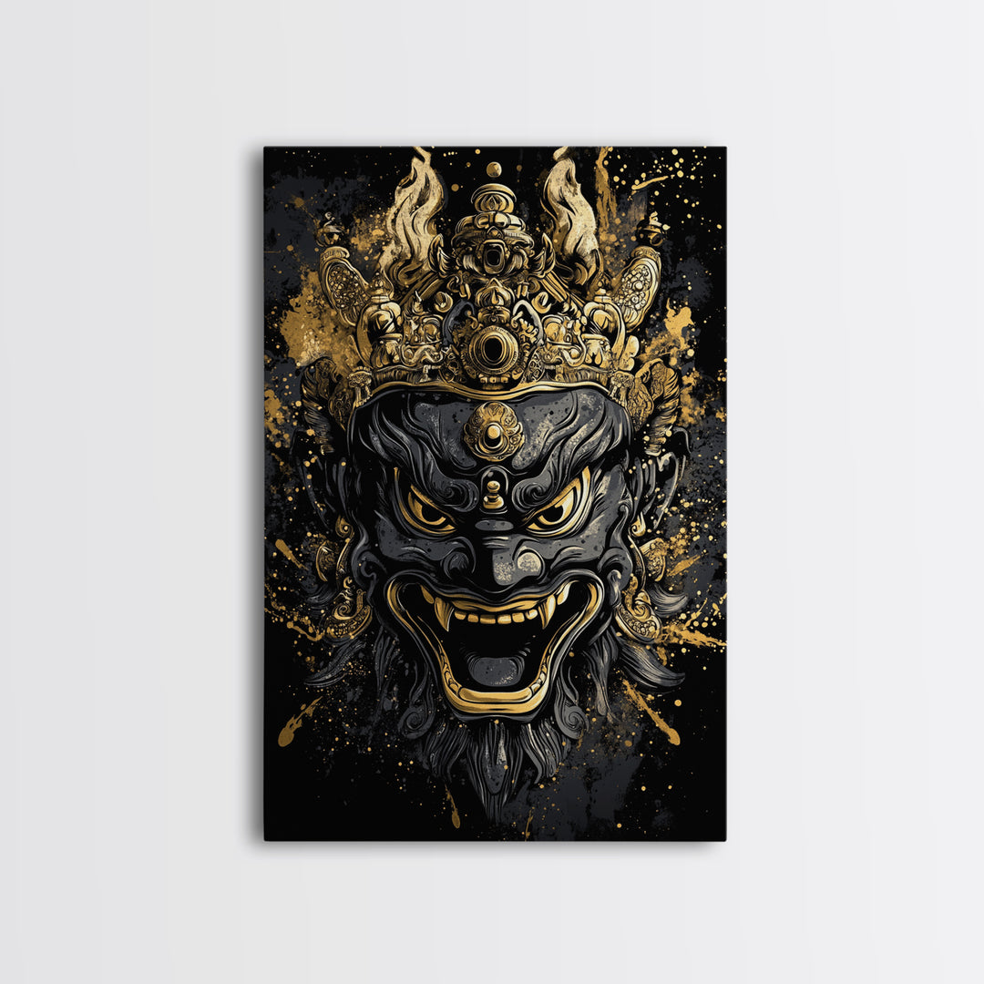 Intricate Demon Mask Gold Canvas Print, Splatter Style Wall Decor, Fierce Mythical Face Art, Real Wood Frame, Tribal Accent