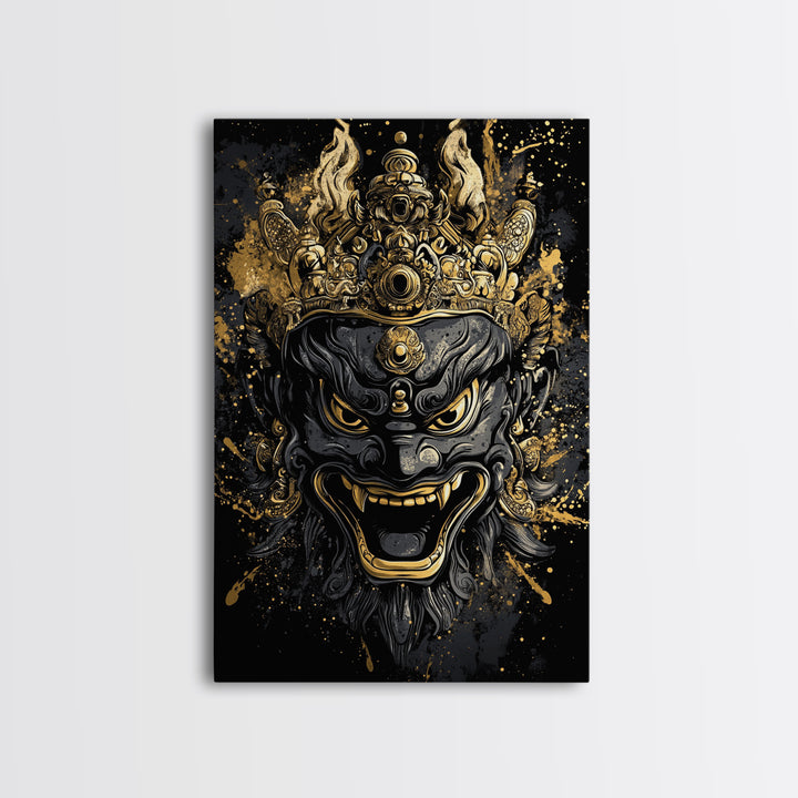 Intricate Demon Mask Gold Canvas Print, Splatter Style Wall Decor, Fierce Mythical Face Art, Real Wood Frame, Tribal Accent