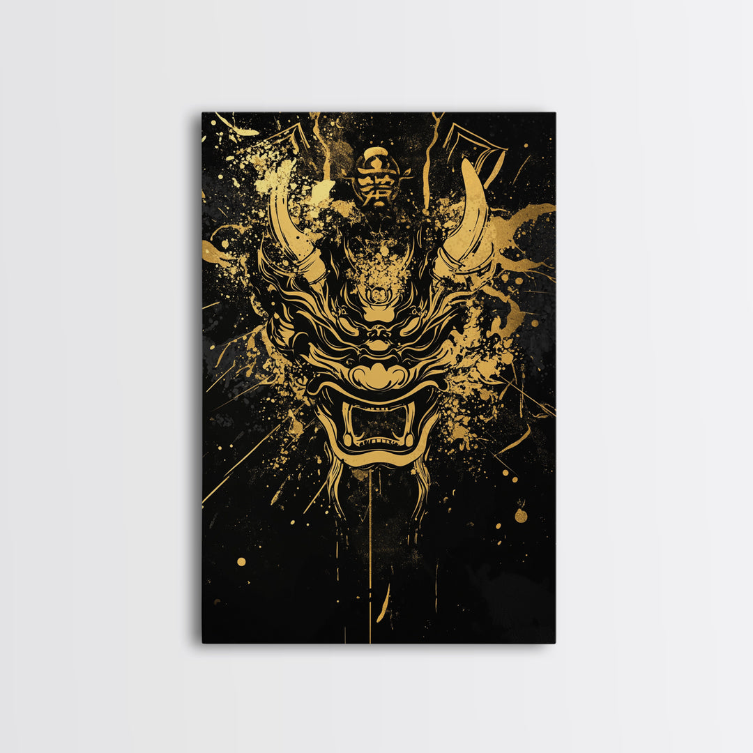 Samurai Demon Mask Gold Canvas Print, Splatter Style Wall Decor, Warrior Inspired Wall Art, Real Wood Frame, Tribal Home Accent