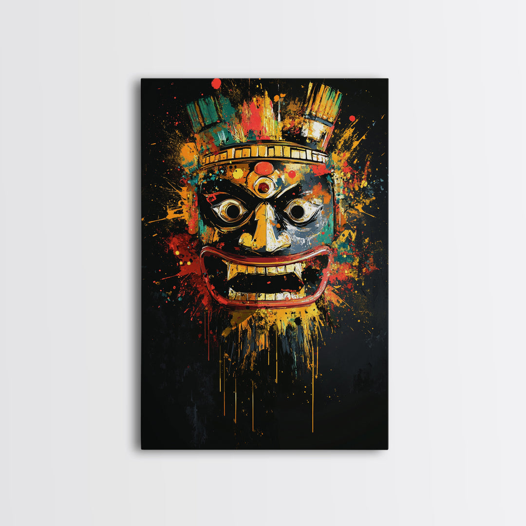 Aztec Warrior Mask Gold Canvas Print, Tribal Wall Art, Splatter Style Decor, Real Wood Frame, Bold Statement Piece