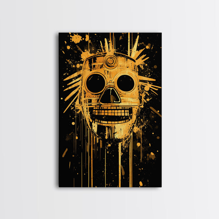 Inca Sun God Mask Gold Canvas Print, Ancient Tribal Wall Art, Splatter Ink Style, Real Wood Frame, Bold Home Decor