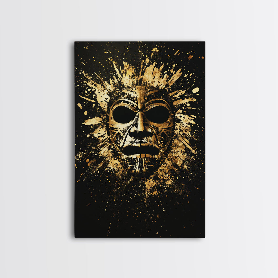 Mayan Ritual Mask Gold Canvas Print, Ancient Tribal Wall Art, Splatter Paint Style, Real Wood Frame, Bold Statement Decor