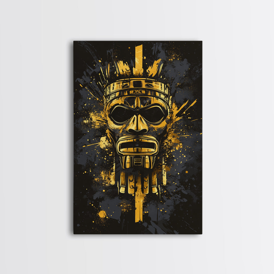 Aztec Chief Mask Gold Canvas Print, Tribal Heritage Wall Art, Splatter Ink Style, Real Wood Frame, Striking Home Accent