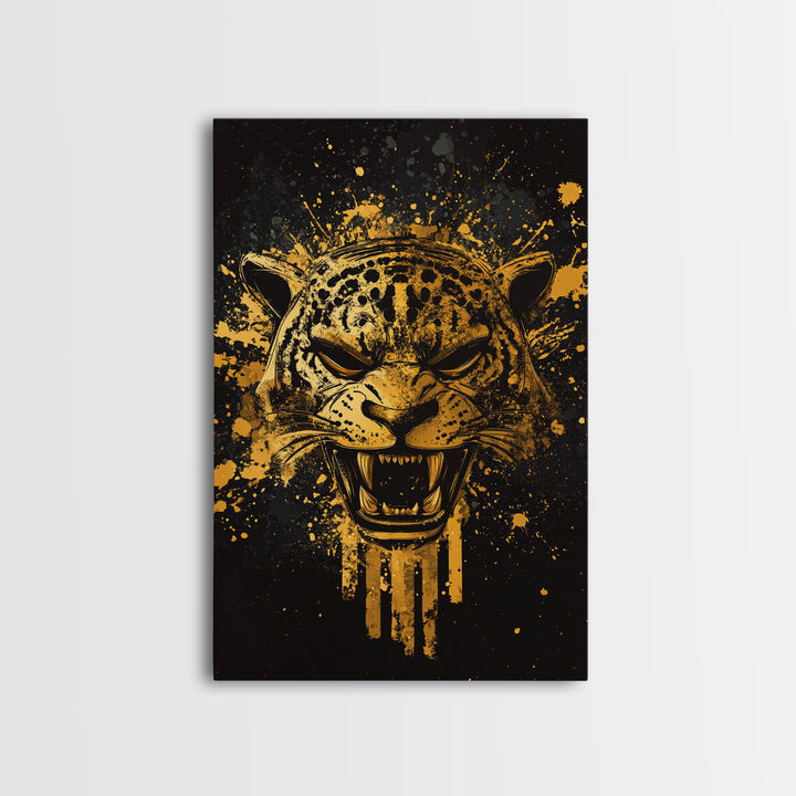 Jaguar Warrior Gold Canvas Print, Aztec Animal Spirit Wall Art, Splatter Ink Style, Real Wood Frame, Fierce Tribal Decor