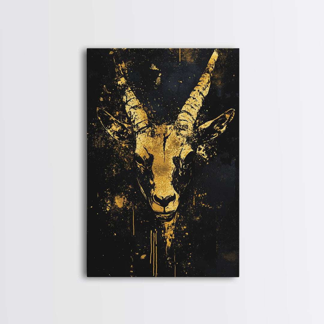 Antelope Spirit Gold Canvas Print, Tribal Wildlife Wall Art, Splatter Style Ink, Real Wood Frame, Minimalist Statement Decor