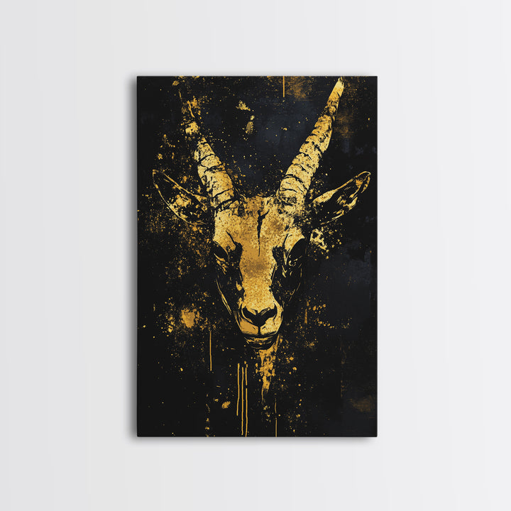 Antelope Spirit Gold Canvas Print, Tribal Wildlife Wall Art, Splatter Style Ink, Real Wood Frame, Minimalist Statement Decor