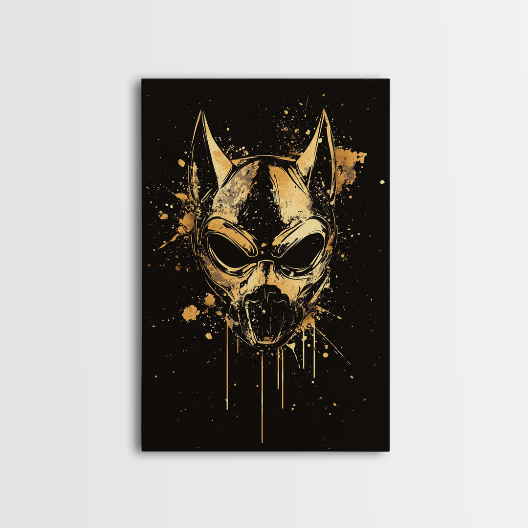 Dog Spirit Mask Gold Canvas Print, Tribal Guardian Wall Art, Splatter Style Ink, Real Wood Frame, Fierce Bold Home Decor