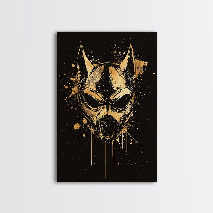 Dog Spirit Mask Gold Canvas Print, Tribal Guardian Wall Art, Splatter Style Ink, Real Wood Frame, Fierce Bold Home Decor