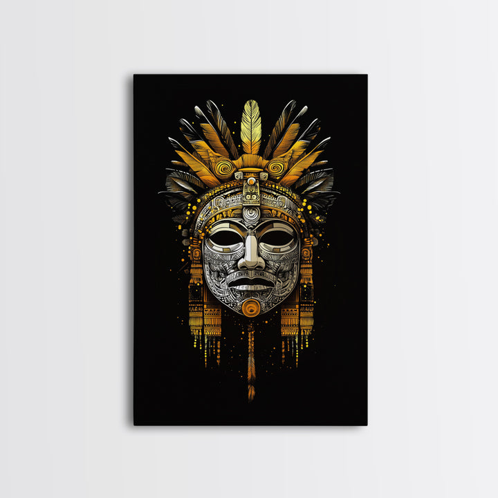 Aztec Feathered Mask Gold Canvas Print, Ornate Tribal Face Art, Ethnic Wall Hanging Decor, Real Wood Frame