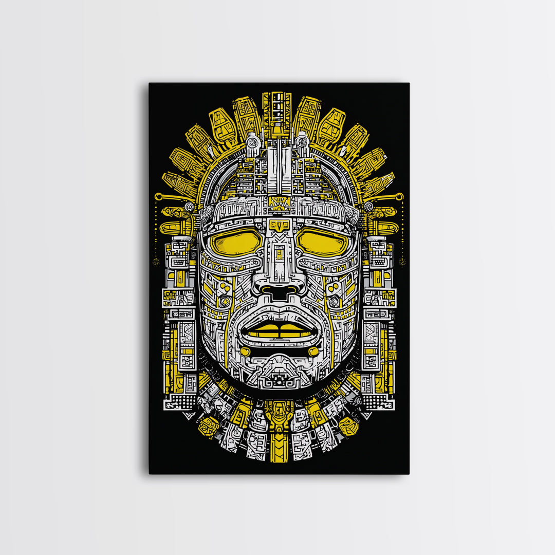 Aztec Sun Mask Gold Canvas Print, Bold Tribal Face Artwork, Ancient Splatter Style Wall Decor, Real Wood Frame