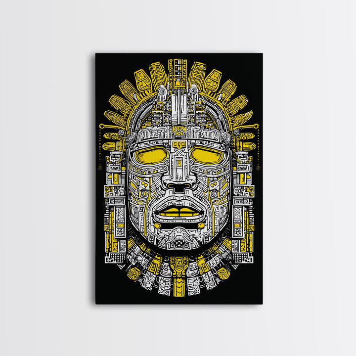 Aztec Sun Mask Gold Canvas Print, Bold Tribal Face Artwork, Ancient Splatter Style Wall Decor, Real Wood Frame