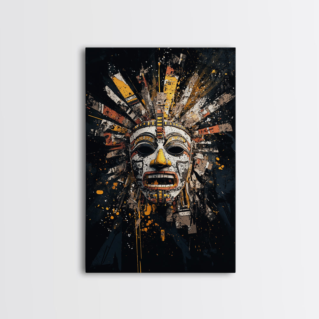 Aztec Feather Headdress Gold Canvas Print, Ornate Tribal Face Artwork, Mythic Wall Decor, Real Wood Frame