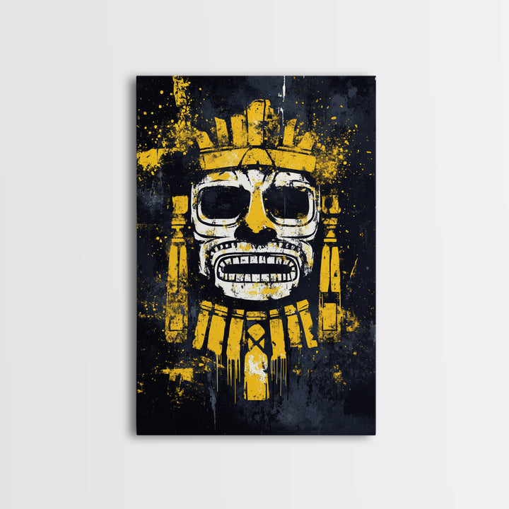 Aztec Feathered Warrior Gold Canvas Print, Ornate Tribal Face Artwork, Ancient Wall Decor, Real Wood Frame