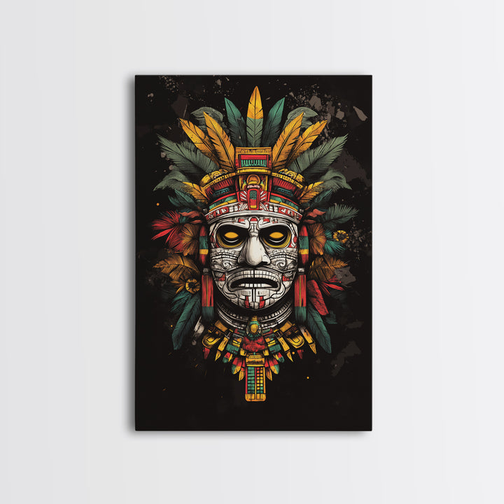 Aztec Sun God Mask Gold Canvas Print, Ornate Tribal Face Artwork, Ancient Mythic Wall Hanging Decor, Real Wood Frame