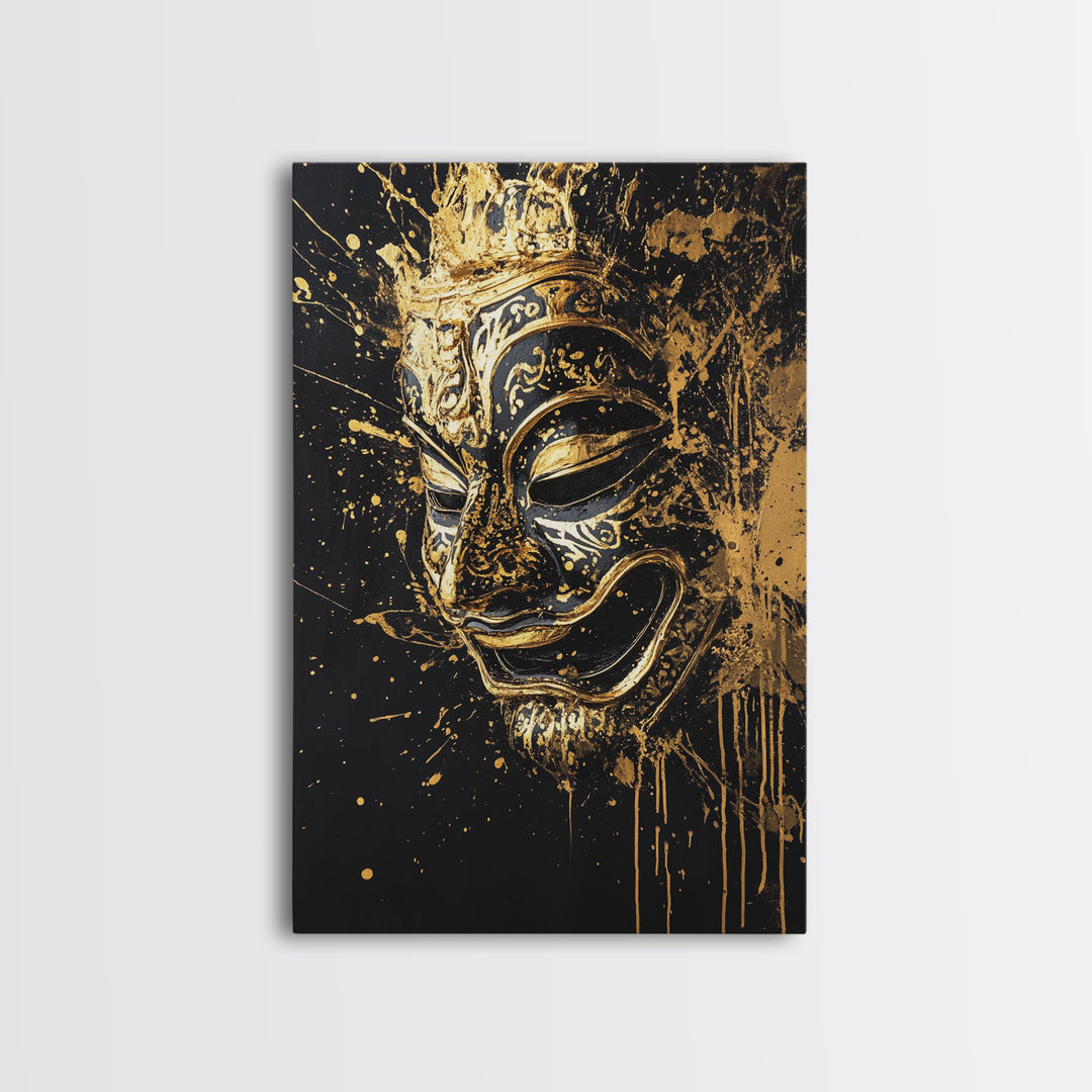Traditional Mask Gold Canvas Art, Intricate Wall Art, Cultural Spirit Artwork, Real Wood Frame, Unique Splatter Pattern Home Decor