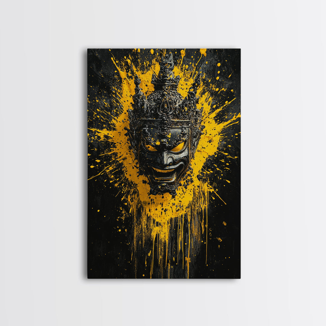 Tribal Mask Gold Canvas Print, Modern Splatter Art, Cultural Wall Decor, Bold Tribal Artwork, Real Wood Framed
