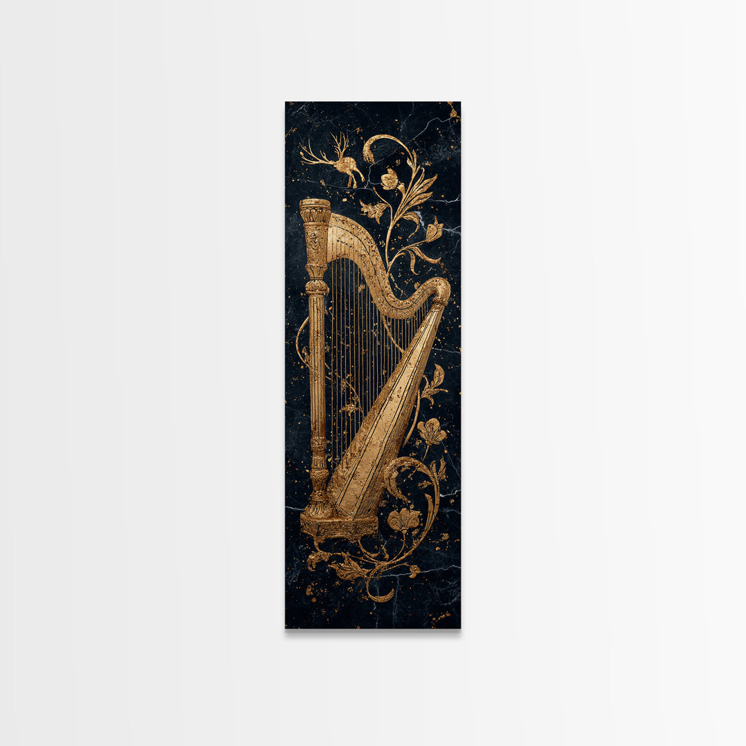 Golden Harp Nordic Wall Art, Wood Framed Canvas Art, Canvas Gold Art, Gold Leaf, Gold Foil Art