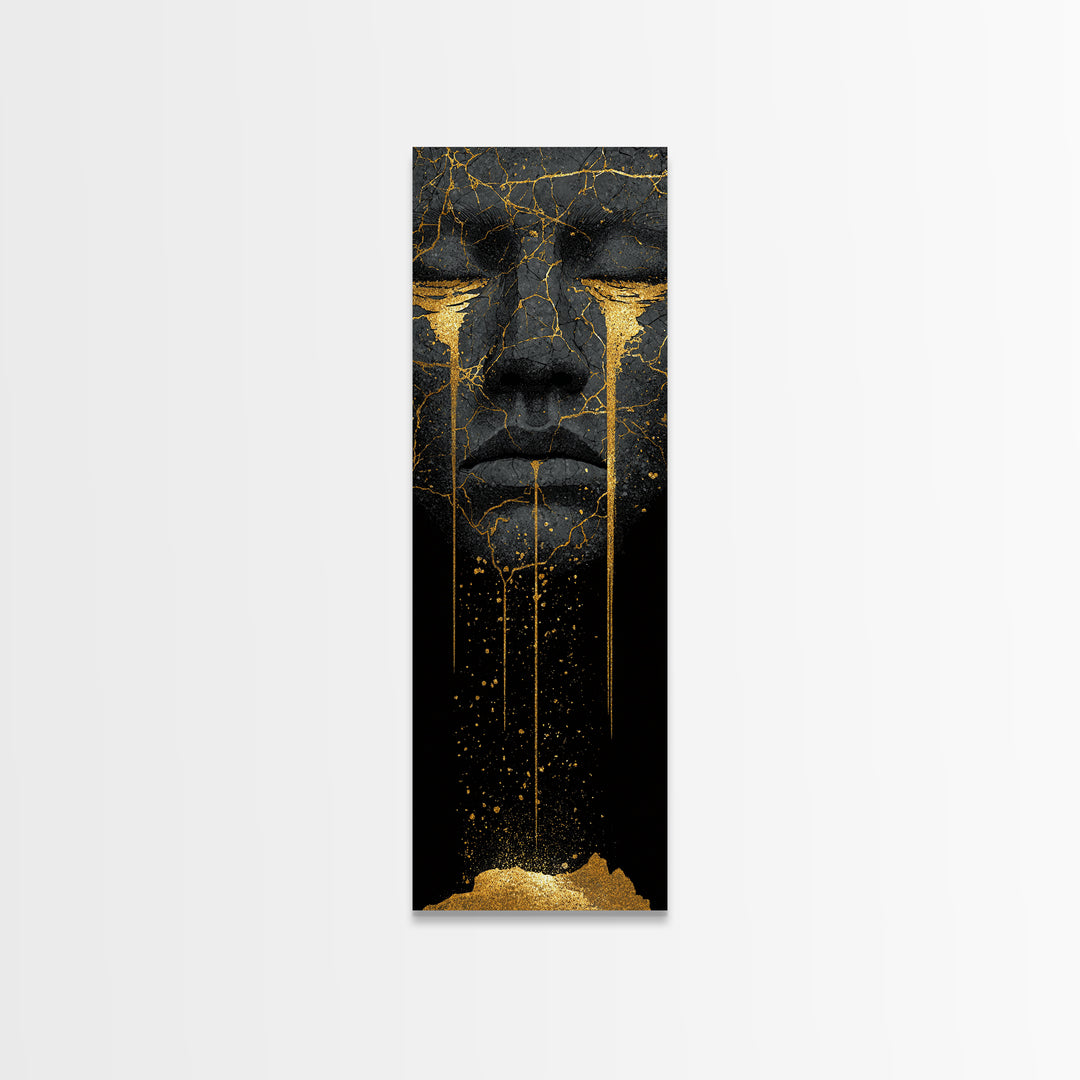 Crying Norse Mask Canvas Gold Art Canvas Art | Nordic Mythology Wall Decor for Man Cave or Office | Framed in Natural Wood