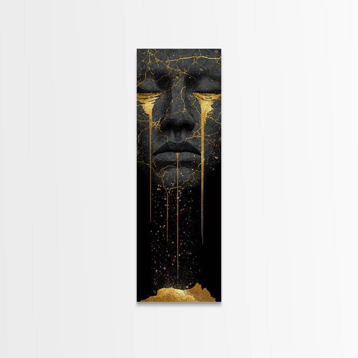 Crying Norse Mask Canvas Gold Art Canvas Art | Nordic Mythology Wall Decor for Man Cave or Office | Framed in Natural Wood