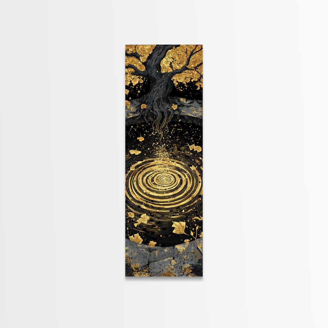Yggdrasil Tree Canvas Gold Art Canvas Art | Nordic Mythology Wall Art of World Tree | Viking Office Decor Framed with Natural Wood