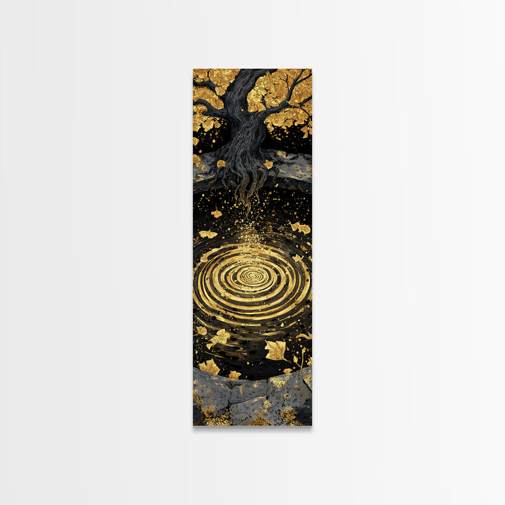 Yggdrasil Tree Canvas Gold Art Canvas Art | Nordic Mythology Wall Art of World Tree | Viking Office Decor Framed with Natural Wood