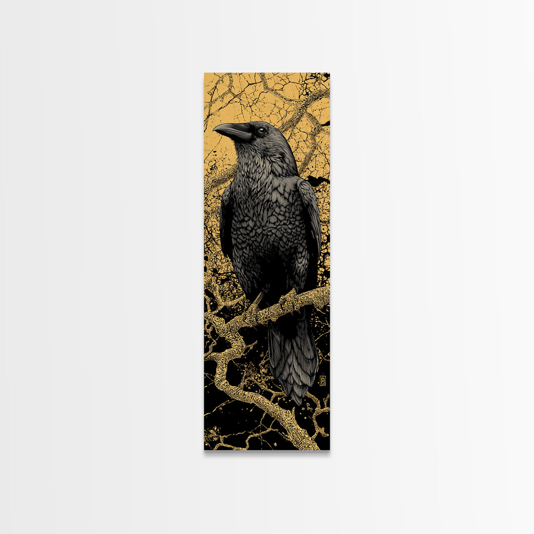 Hugin Raven Canvas Gold Art Canvas Art | Nordic Mythology Wall Decor of Odin’s Raven | Viking Office Art Framed in Natural Wood