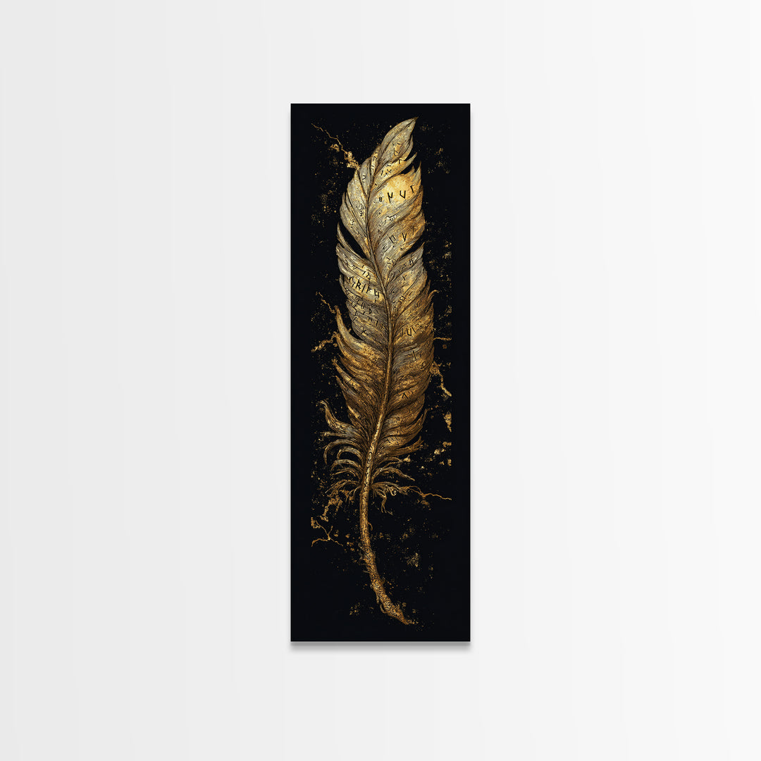Canvas Gold Art Viking Rune Feather Canvas Art, Nordic Mythology Wall Decor for Office or Man Cave, framed in natural wood