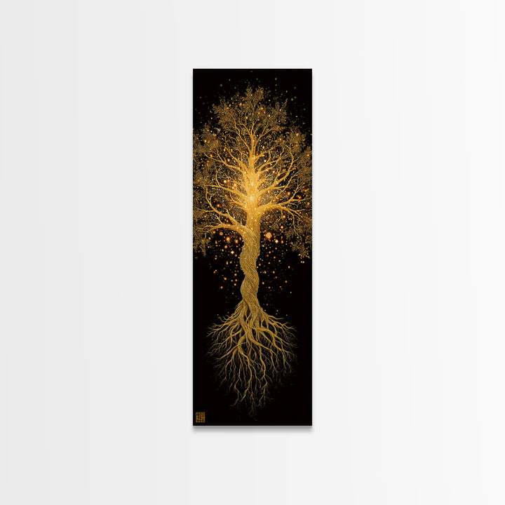 Norse Yggdrasil Canvas Gold Art Canvas Art, Nordic World Tree Wall Decor, Viking Office Art or Dad Gift with real wood frame