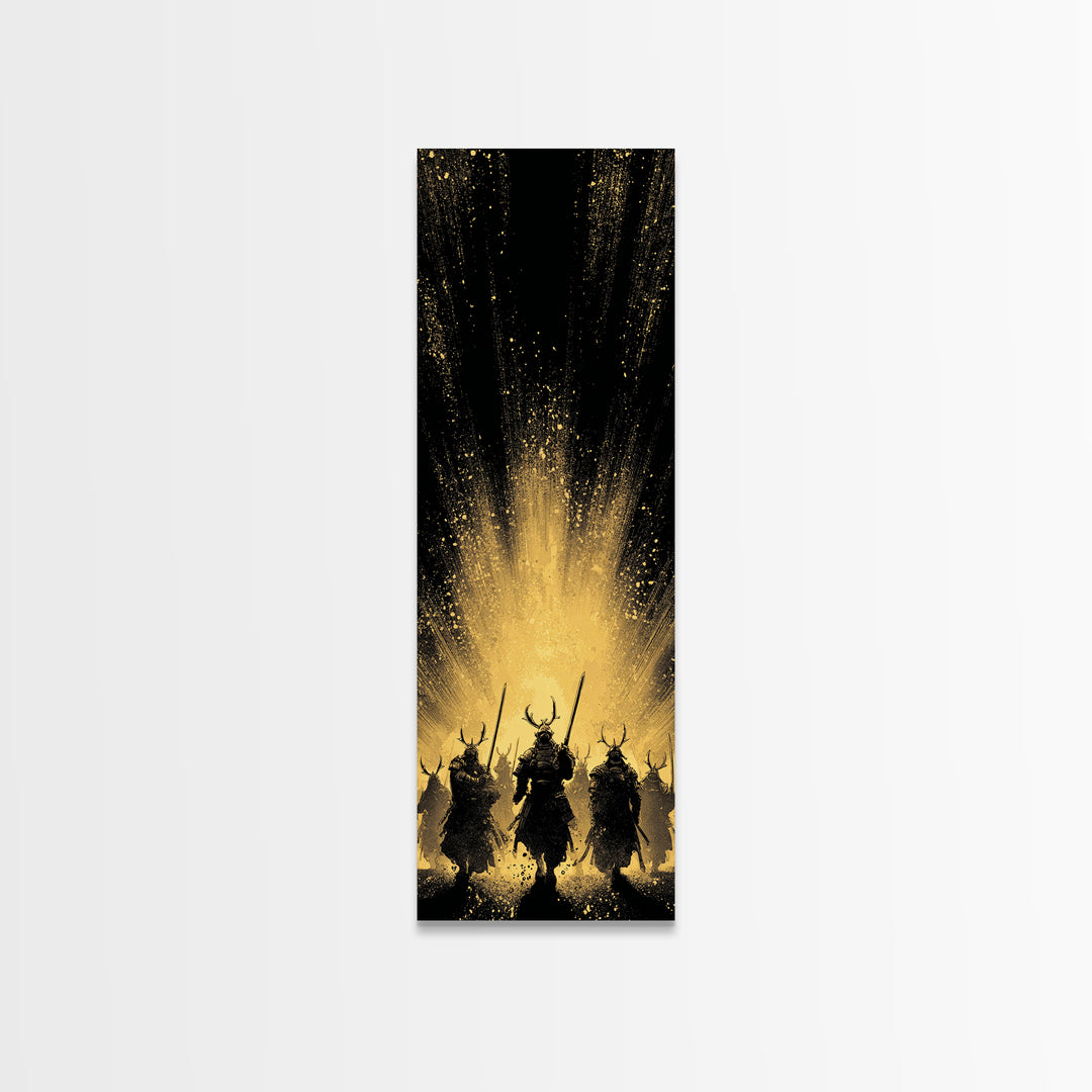 Norse Mythology Canvas Gold Art of Einherjar Warriors, Viking Canvas Art for Dad Gift or Office Art, Nordic Battle Scene Framed in Natural Wood