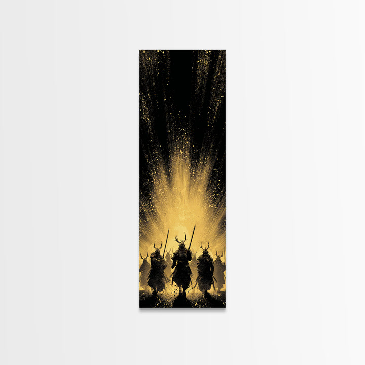 Norse Mythology Canvas Gold Art of Einherjar Warriors, Viking Canvas Art for Dad Gift or Office Art, Nordic Battle Scene Framed in Natural Wood