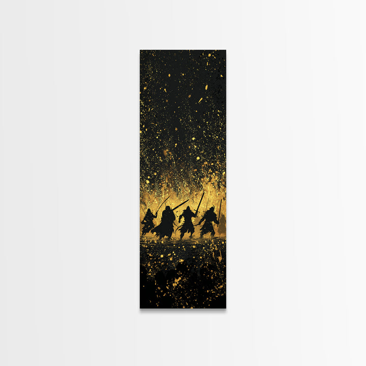 Viking Warriors Canvas Gold Art, Norse Mythology Canvas Art Depicting Heroic Einherjar, Man Cave and Office Wall Decor with Real Wood Framing