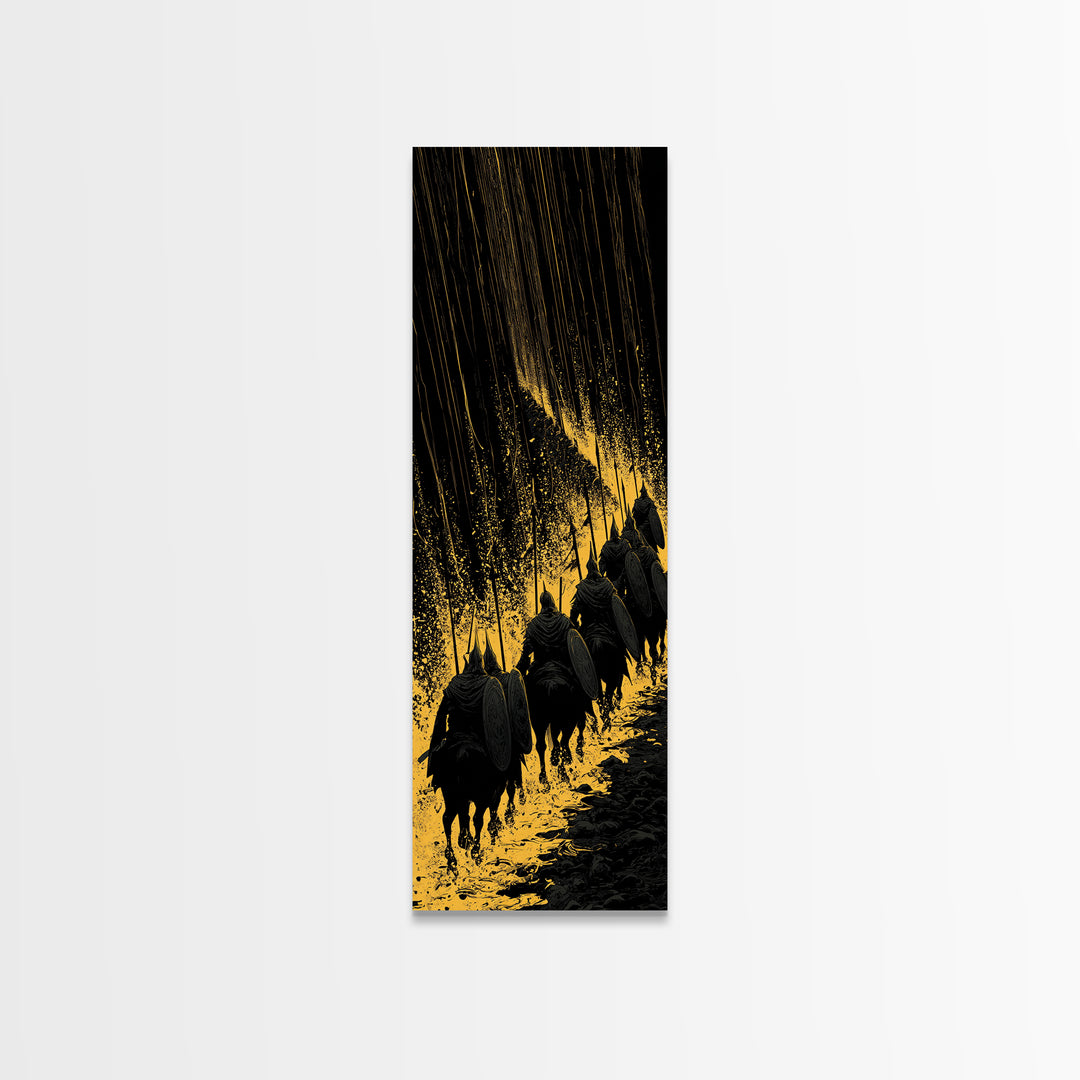 Einherjar Warriors Canvas Gold Art, Viking Battle Canvas Art with Norse Mythology Theme, Office or Man Cave Wall Decor in Real Wood Frame