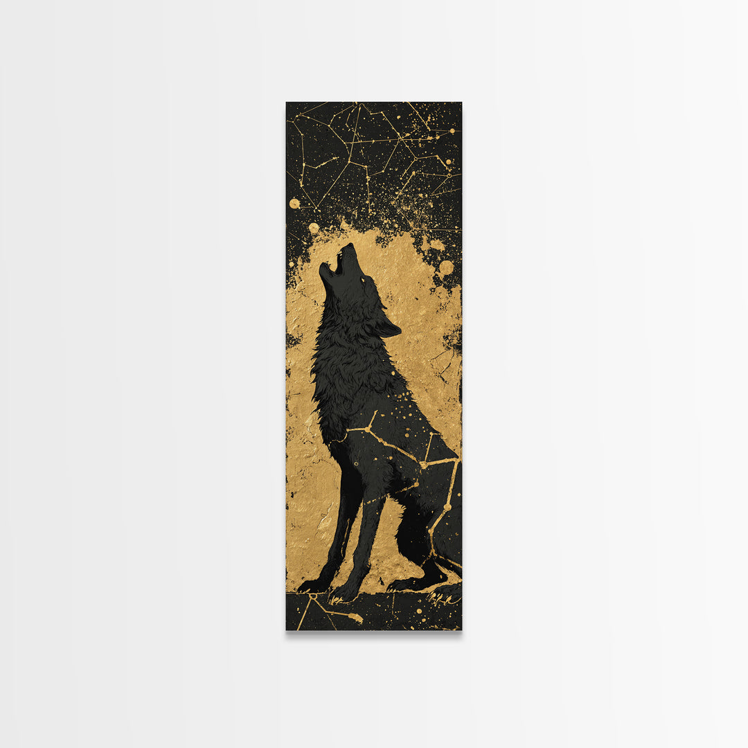 Fenrir Wolf Canvas Gold Art, Norse Mythology Canvas Art Depicting Legendary Wolf, Viking Office Art or Man Cave Decor with Real Wood Framing