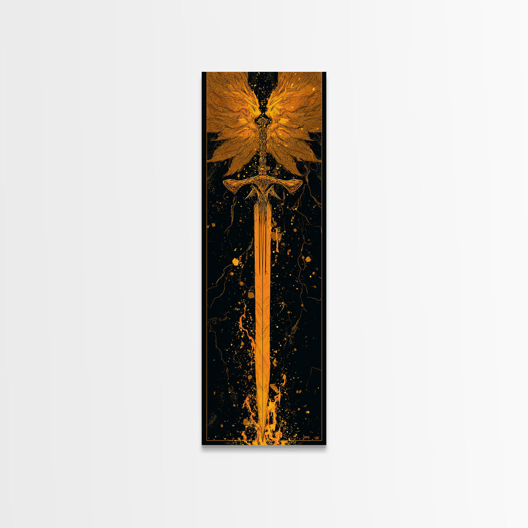 Norse Viking Sword Canvas Gold Art, Nordic Mythology Canvas Art Featuring Golden Weapon, Man Cave Office Wall Decor with Elegant Natural Wood Frame