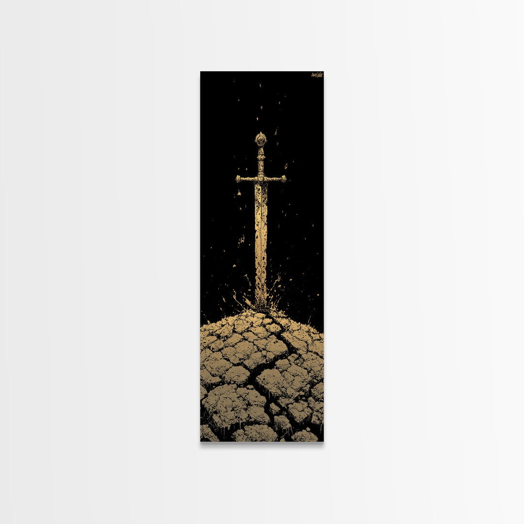 Sword of the North Canvas Gold Art – Viking Mythology Canvas Art for Man Cave or Office, framed in natural real wood