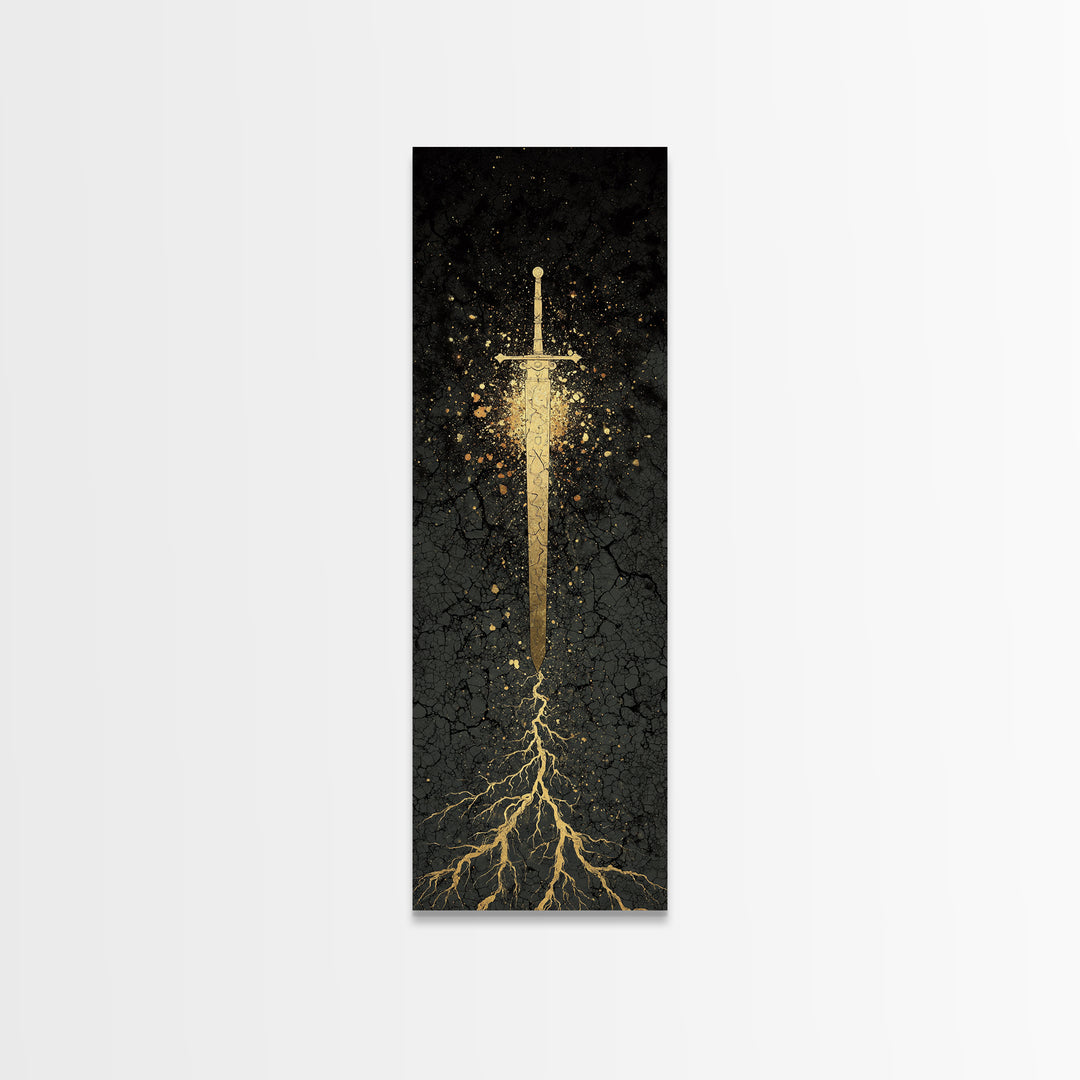 Canvas Gold Art of Runic Viking Sword – Nordic Mythology Canvas Art, Norse Decor with real wood frame, perfect Dad Gift