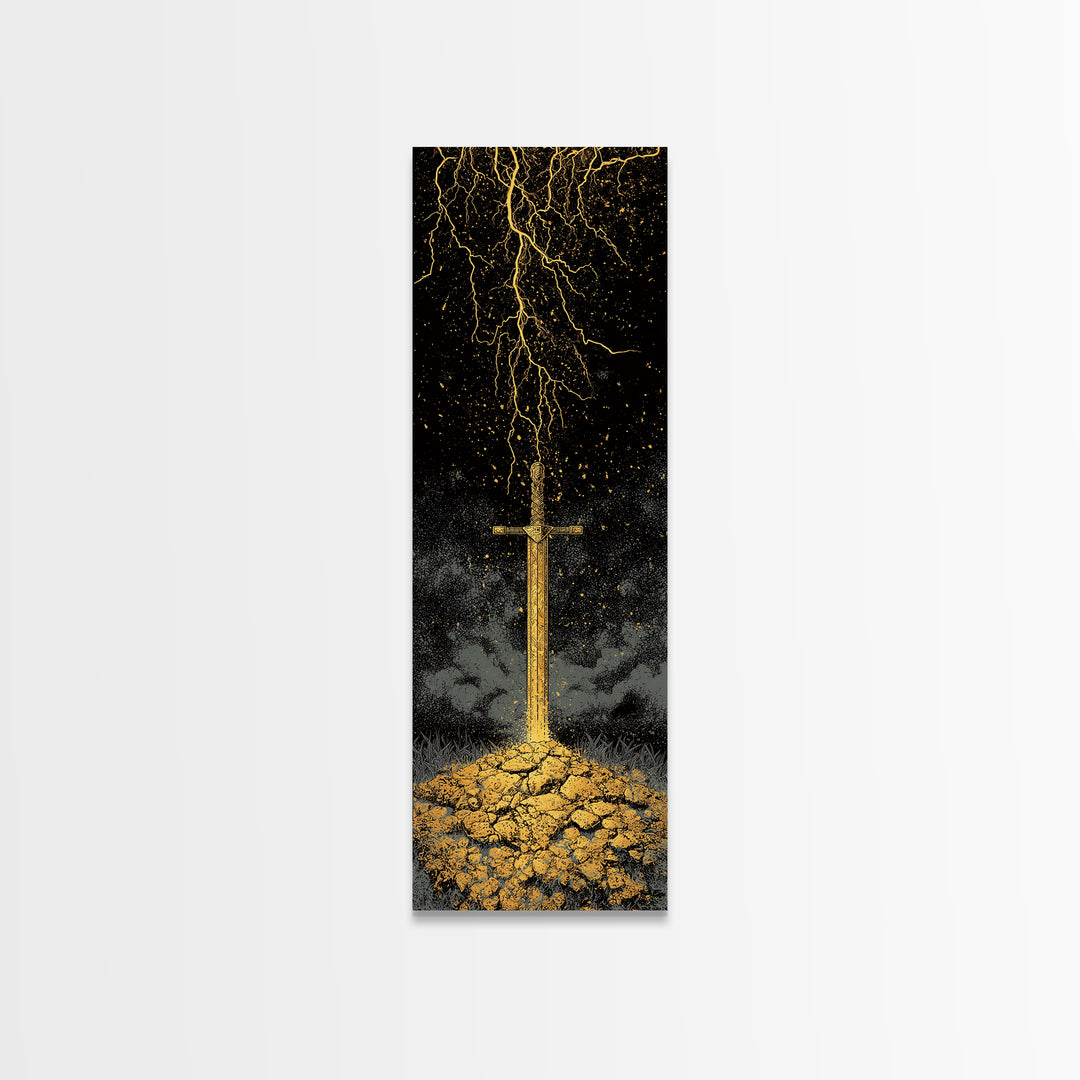 Storm-Forged Viking Sword Canvas Gold Art – Striking Nordic Mythology Canvas Art with lightning, real wood frame included