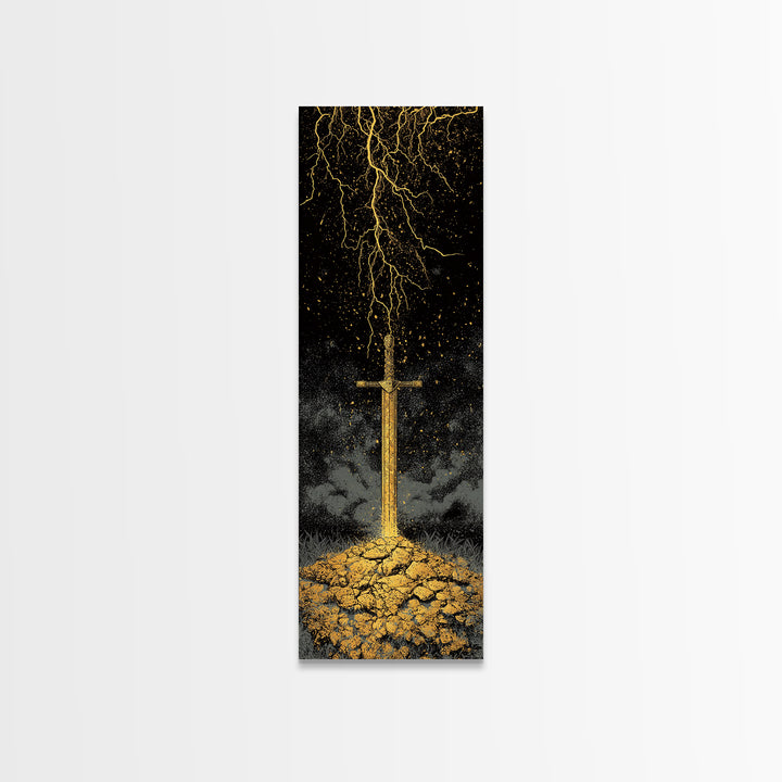 Storm-Forged Viking Sword Canvas Gold Art – Striking Nordic Mythology Canvas Art with lightning, real wood frame included