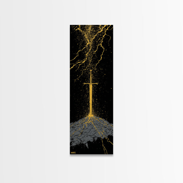 Viking Sword Under Thunder Canvas Gold Art – Nordic Mythology Canvas Art, bold wall décor for office, with real wood frame