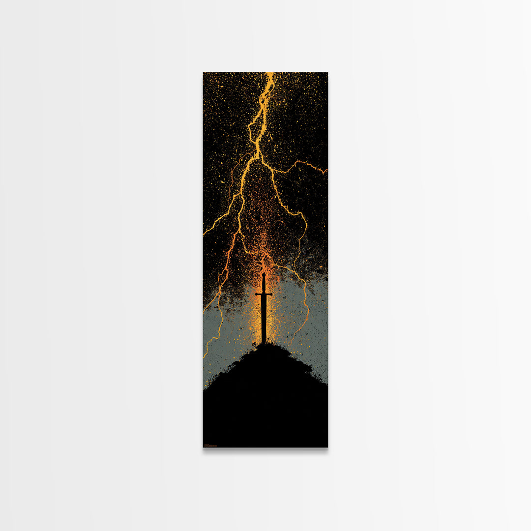 Mythic Norse Sword Canvas Gold Art – Viking-inspired Canvas Art, perfect Man Cave Art or Office Gift, framed in natural wood