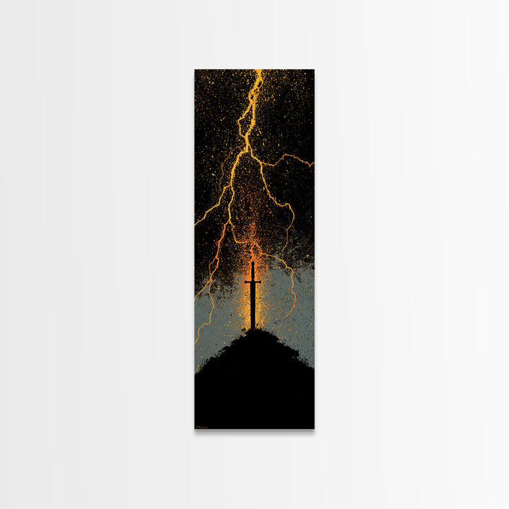 Mythic Norse Sword Canvas Gold Art – Viking-inspired Canvas Art, perfect Man Cave Art or Office Gift, framed in natural wood