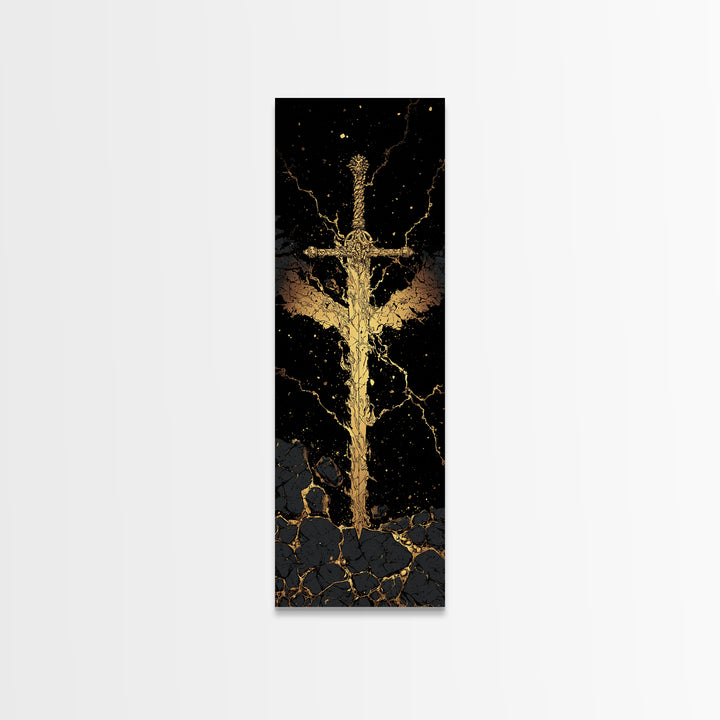 Golden Sword Canvas Gold Art, Norse Mythology Viking Canvas Art Depicting Mythic Blade, Office Art or Man Cave Decor in Real Wood Framing