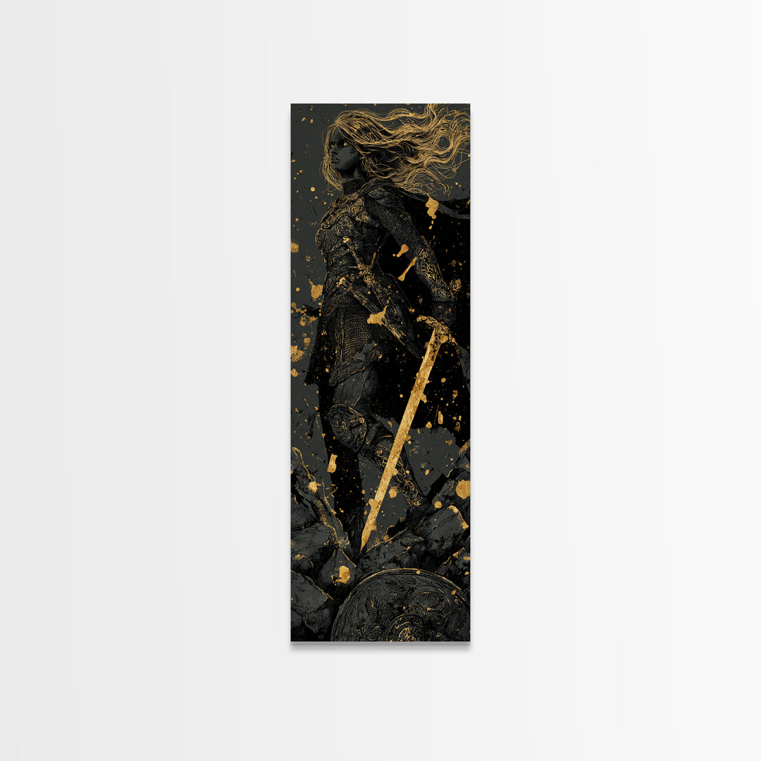 Nordic Shieldmaiden Hervor Canvas Gold Art – Epic Viking Canvas Art, Man Cave wall décor in real wood frame, Dad Gift