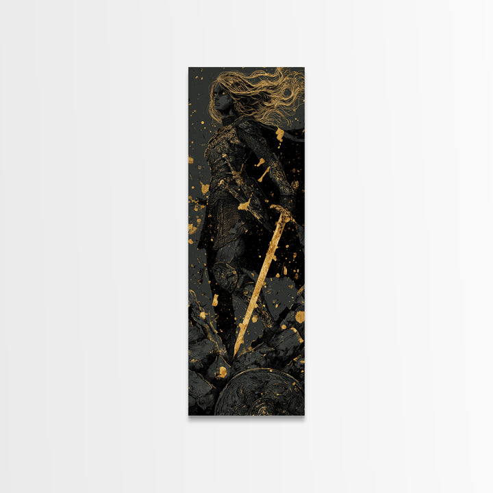 Nordic Shieldmaiden Hervor Canvas Gold Art – Epic Viking Canvas Art, Man Cave wall décor in real wood frame, Dad Gift