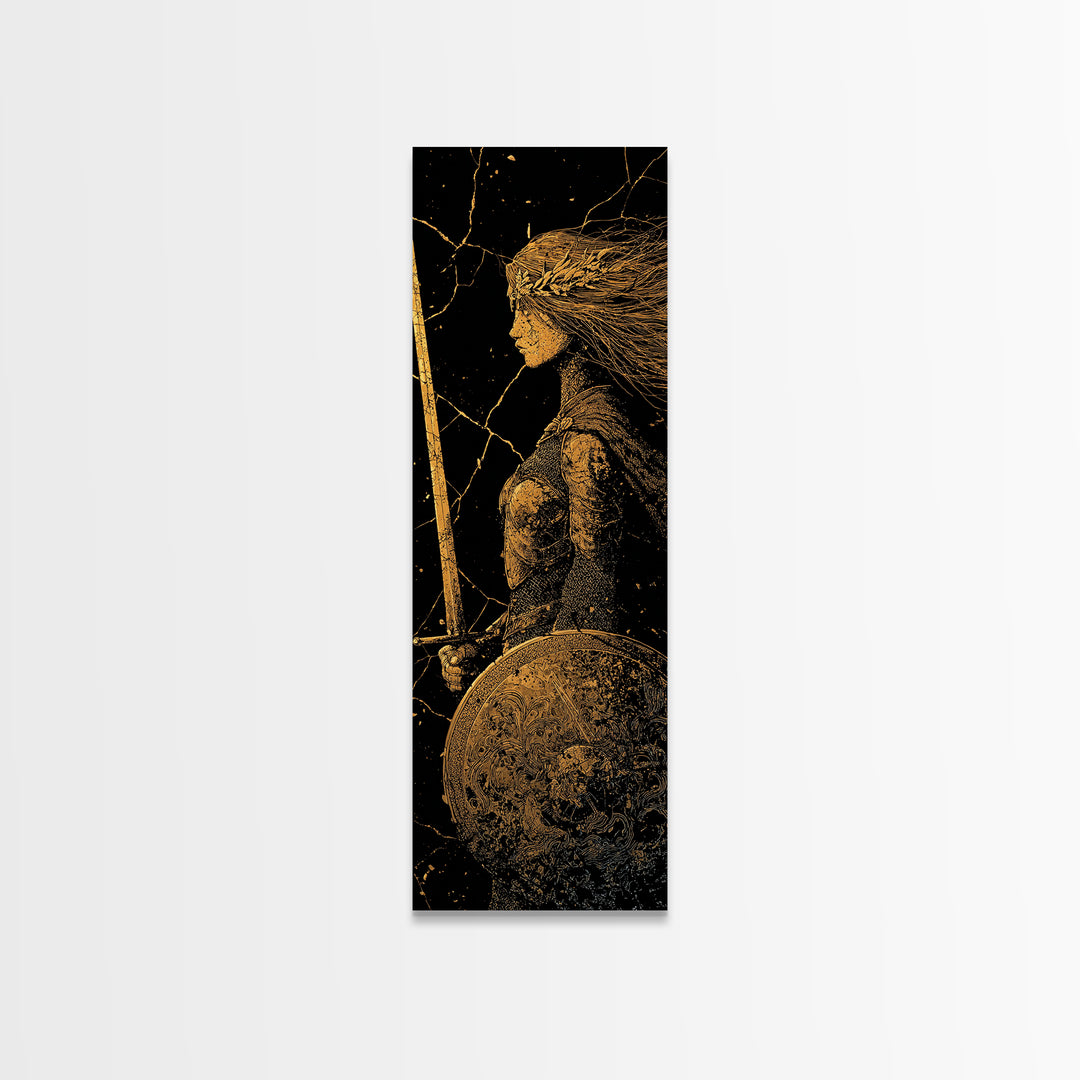 Hervor the Shieldmaiden Canvas Gold Art – Powerful Norse Warrior Canvas Art for Man Cave or Office, framed with real wood
