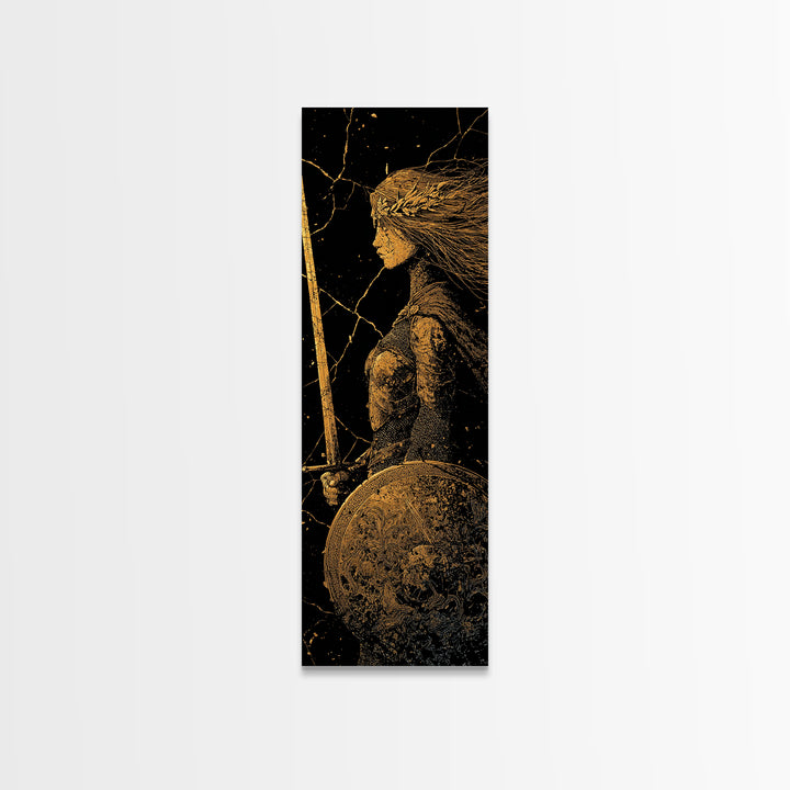 Hervor the Shieldmaiden Canvas Gold Art – Powerful Norse Warrior Canvas Art for Man Cave or Office, framed with real wood