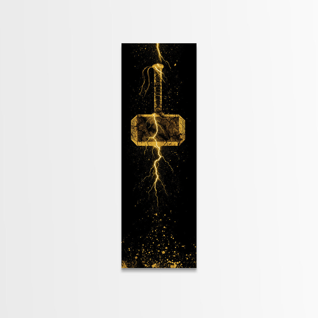 Thor’s Hammer Mjolnir Canvas Gold Art, Viking Canvas Art Norse Mythology Wall Decor, Office or Man Cave Artwork in Real Wood Frame