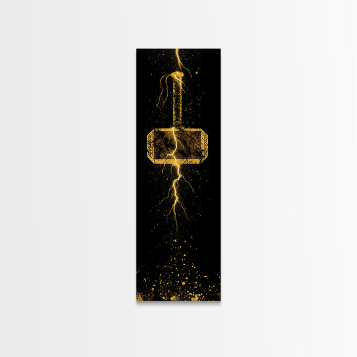 Thor’s Hammer Mjolnir Canvas Gold Art, Viking Canvas Art Norse Mythology Wall Decor, Office or Man Cave Artwork in Real Wood Frame
